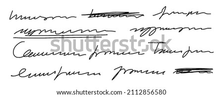Fragment of unreadable text. Sweeping, unreadable handwriting. Scribble letter with crossed out and underlined words. Vector illustration of illegible font isolated on white background.