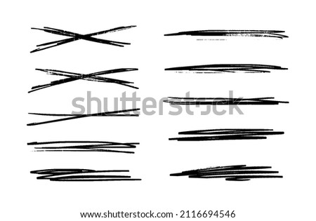 Strikethrough in bold pencil. Set of black underlines. Brush strokes collection. Vector illustration of crossed scribble lines isolated on white background.