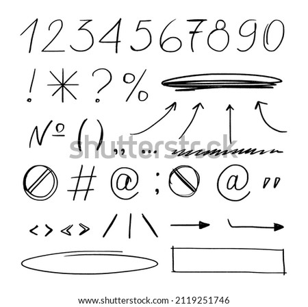 Punctuation symbols. Asterisk, brackets and question mark, exclamation mark. A set of punctuation marks and numbers. Writting doodle elements isolated on white background.
