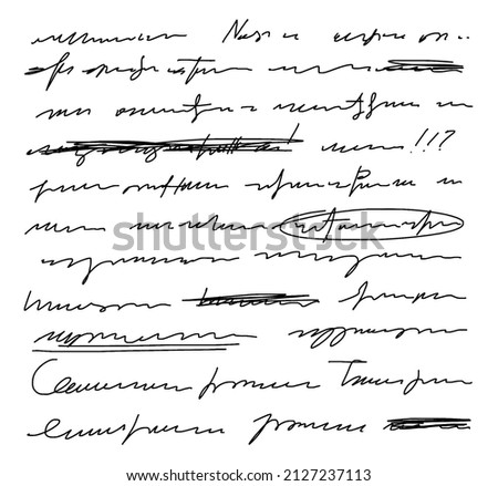 Vector unreadable handwriting, crossed out phrases. Exclamation points, underlining words in a sentence. Doodle illustration of unreadable text on a white background.