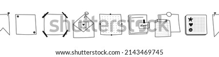 Seamless border of hand-drawn memo notepads outline. Doodle Blank square sheets of paper for notes. Various types of envelope with pins, clips, stickers, tape. Vector of sketch reminders isolated.
