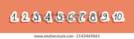 Doodle stickers checklist numbering. List of hand written numbers with dots. Hand-drawn vector illustration scribble numbers font with hatching line isolated on white background.