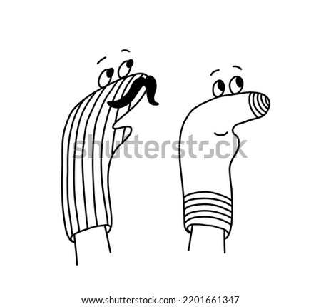 Funny sock dolls. Theatrical characters from underwear. Home puppet theatre. Socks with eyes and mouth. Vector line illustration isolated on white background.