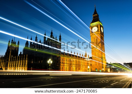Night view of Big Ben. Big Ben is the nickname for the Great Bell of the clock also known as Clock Tower and Elizabeth Tower is one of the most prominent symbols of the United Kingdom.