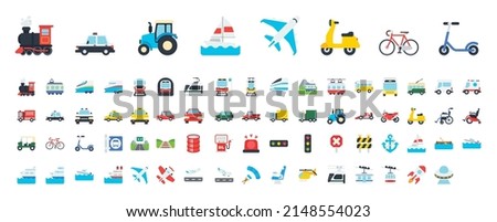 Transport Vector Emoticons Set. Railway, Shipping, Aerial Mode of Transports in One Collection. Transport Emoji Set