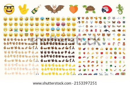 All type of emojis in one big set. Hands, gesture, people, animals, food, transport, activity, sport emoticons. Emoji big collection.