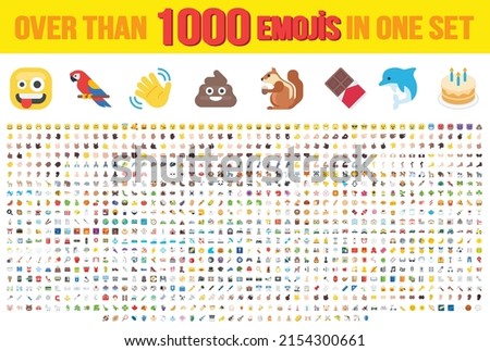 Set of over than 1000 emoji, vector illustration icons. Human, sport, transportation, wear, food, time, tools, emoticons. Set of 1000 Minimalistic Solid Line Colored Emoticons