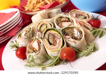 Party food, buffet, wrap sandwiches