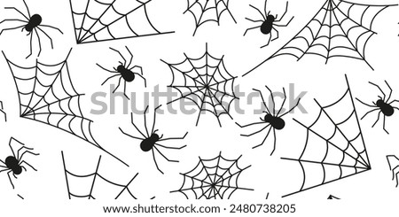 Vector image of spiders and webs for Halloween. Seamless horizontal pattern with insects in doodle style. Image for textiles, packaging and wallpaper. Festive background for Halloween.