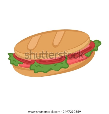 Vector illustration of a sandwich with vegetables and sausage. Image of bread with filling isolated on a white background. Colored logo. Square illustration with buttery food.