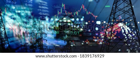 
market stock graph and index information with city light and electricity and energy facility banner industry and business background