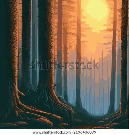 mysterious forest. Background landscape at night twilight foggy forest. Cartoon colored illustration of taiga dark coniferous forest forests. enchanted forest at night.