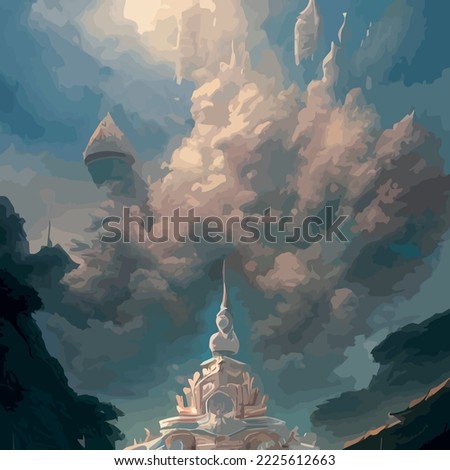 Creative illustration and innovative art: Ancient Chinese Temple in the clouds on a rocky mountain. background for a holiday card