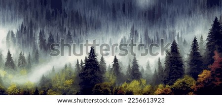 Wild natural landscape with mountains, coniferous forest with copy space. Great travel advertising, brochures, labels. Vector banner illustration. Idyllic amazing landscapes nature. beautiful season 