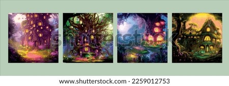 Fairy-tale house in a tree with a roof intertwined. Square flat cartoon illustration with textures. Forest house made leaves and clay gnome vector. Fairy elf gnome magic. set set of four illustrations