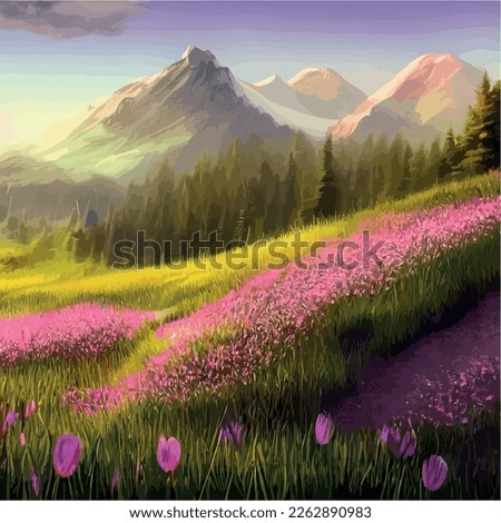 Beautiful field of tulips growing on the slope, mountains and sky illustration. Abstract field illustration. landscape spring vector background. Netherlands nature. Cover template. Poster