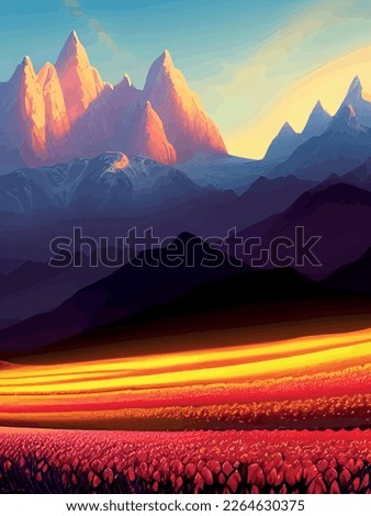 Vector spring background. Dutch landscape with tulip field, trees, hills, mountains. Floral vertical landscape poster cartoon hand drawn style. For posters, advertisements, wallpapers, landing pages
