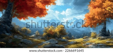 Autumn landscape with trees, mountains. Rural landscape. Autumn background. Vector illustration . beautiful natural for thanksgiving day banner. Minimalist style. flat design