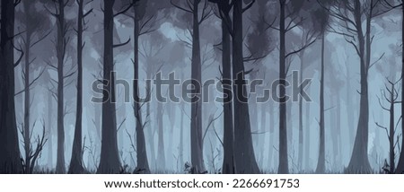 Terrifying surreal forest. unreal world. Mysterious Forest, Danger, Fear, Anxiety. Mysterious forest landscape with spooky trees silhouettes overgrown. A scene from a horror movie. autumn night