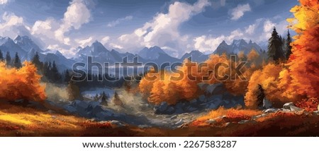 Autumn landscape with trees, mountains. Rural landscape. Autumn background. Vector illustration . beautiful natural for thanksgiving day banner. Minimalist style. flat design