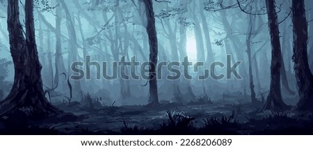 misty forest. Dark tree silhouette. Tree tricks in the blue mist. Fog in the night forest vector illustration banner. Spooky forest with full moon and floor. Without leaves and branches of autumn.