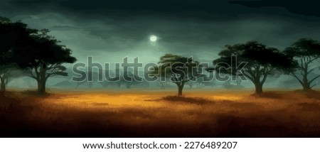 African acacia row against twilight sky. Vector illustration banner landscape. Silhouette of packs in the high rise desert. African perspective in the evening with copy space.