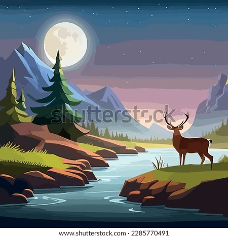 Natural background with forest silhouette with deer. mountain landscape with forest, deer. canvas art.