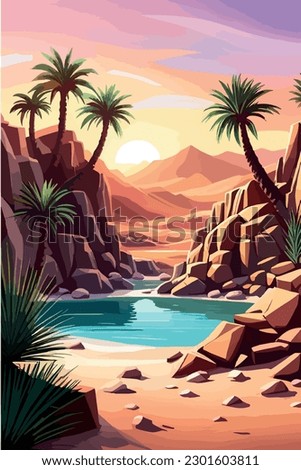 Desert background Summer with sun, sand, clouds, palms Trees Vector design style Nature Landscape. Digital illustration desert oasis with cacti. Cacti flowers coming out of the ground with sand hills 