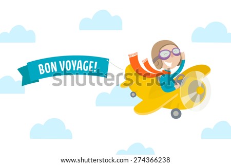 Cute pilot flying on vintage yellow airplane and wishes BON VOYAGE! Flat illustration.