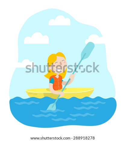 Happy girl maneuvering kayaking. Flat design. Vector illustration.