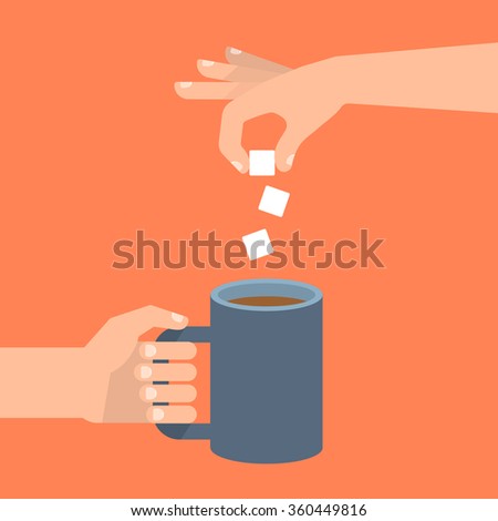 In one hand holds coffee cup, the other hand adds sugar cubes. Coffee time, coffee break concept. Isolated vector illustration flat style.