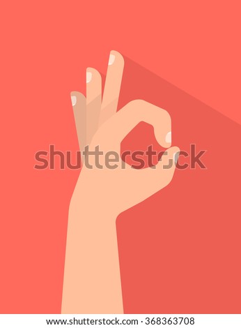Hand OK sign. Communication gestures concept. Vector illustration with shadow isolated on colorful background flat design.