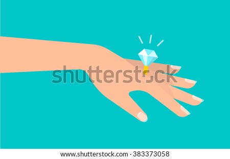 Graceful women's hand with a beautiful ring with a big shining diamond. A marriage proposal and wedding concept. Isolated vector illustration flat design.