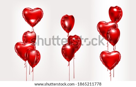 Red foil air balloons set. Collection of different bunch of heart shaped balloons. Party compositions. Valentines day decoration