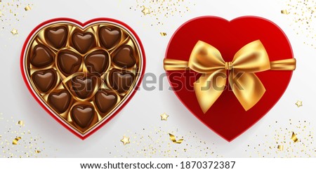 Box of chocolate sweets in heart shape. Red lid with golden bow. Top view vector illustration isolated. Realistic 3d design, romantic concept