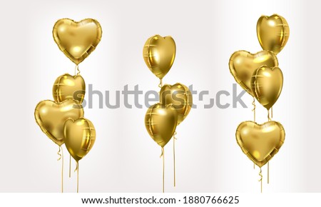 Gold foil air balloons set. Collection of different golden bunch of heart shaped balloons. Party compositions. Valentines day decoration