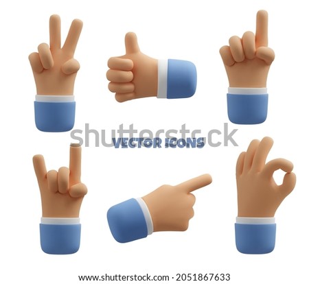 3d hand icon set. Vector realistic gesture illustration, business clipart isolated on white background