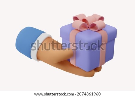 3d icon gift in hand. Vector cartoon arm holding gesture. Realistic illustration of giving a present for social media