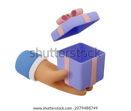 3d icon open gift in hand. Vector cartoon arm holding gesture. Realistic illustration of giving a present for social media