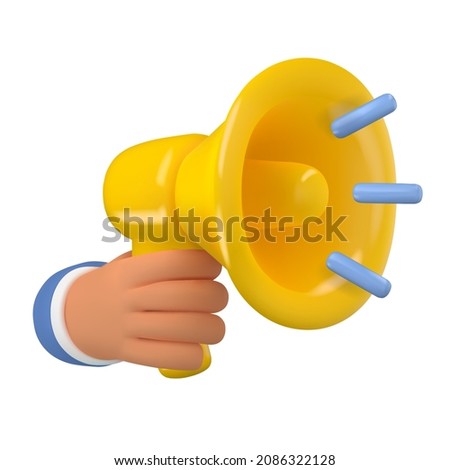 3d hand holding yellow megaphone realistic icon isolated on white background. Vector speaker illustration, attention concept