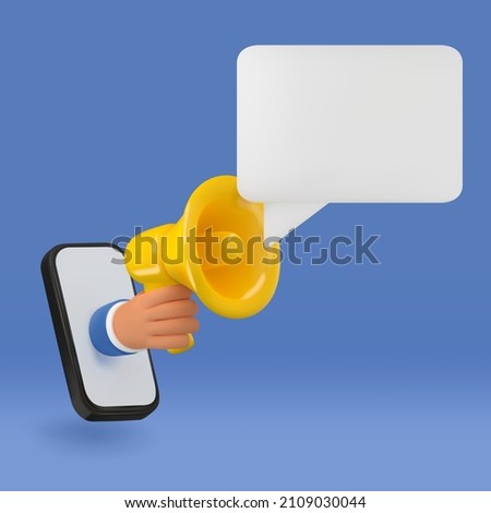 3d news notification illustration. Cartoon hand holding yellow megaphone realistic icon. Vector speech bubble, announcement concept