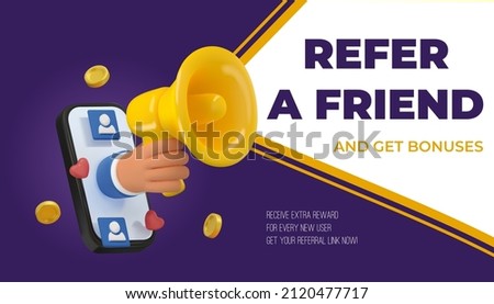 Refer a friend 3d banner design. Cartoon hand holding megaphone illustration on dark background. Vector partnership marketing in social media