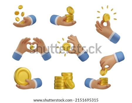 3d money emoji set. Icon hand holding coins. Realistic vector render emoticon. Transfer concept, golden coin stack design elements isolated on white background