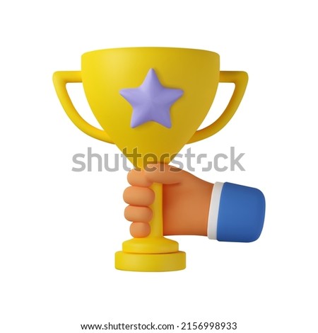 3d trophy cup in hand icon. Vector prize award illustration, isolated on white background