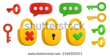 Vector 3d Forgot Password icon set. Cartoon render yellow padlock with key isolated on white background. Security concept, wrong password recovery elements illustration