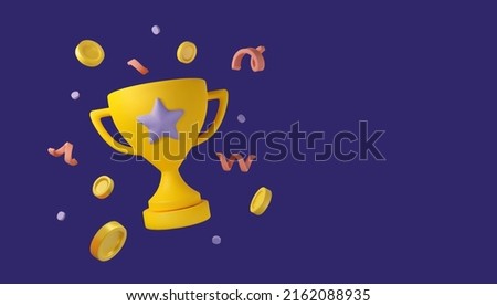 3d trophy cup banner. Vector prize award with coins and confetti illustration template, isolated on dark background