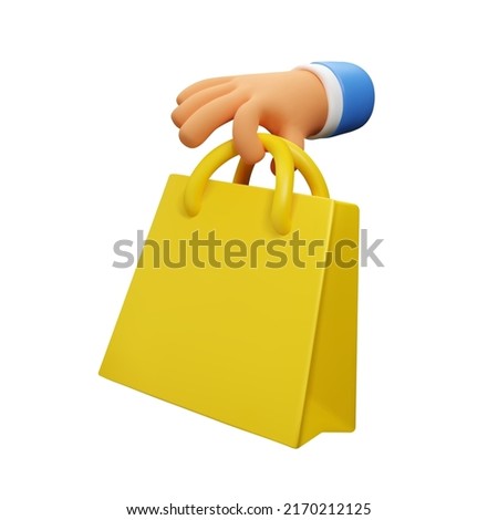3d hand holding shopping bag icon. Delivery concept, vector render illustration isolated on white background. Online shopping design element