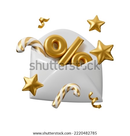 Christmas sale icon. Vector 3d gold and white discount email. New Year shopping newsletter render illustration.