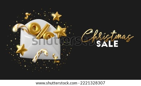 Christmas sale banner on black background. Vector 3d gold and white discount email. New Year shopping newsletter render illustration.