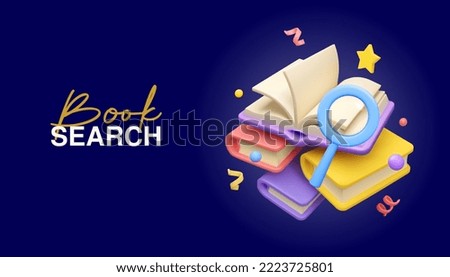 Vector 3d search banner. Magnifying glass with open book render illustration